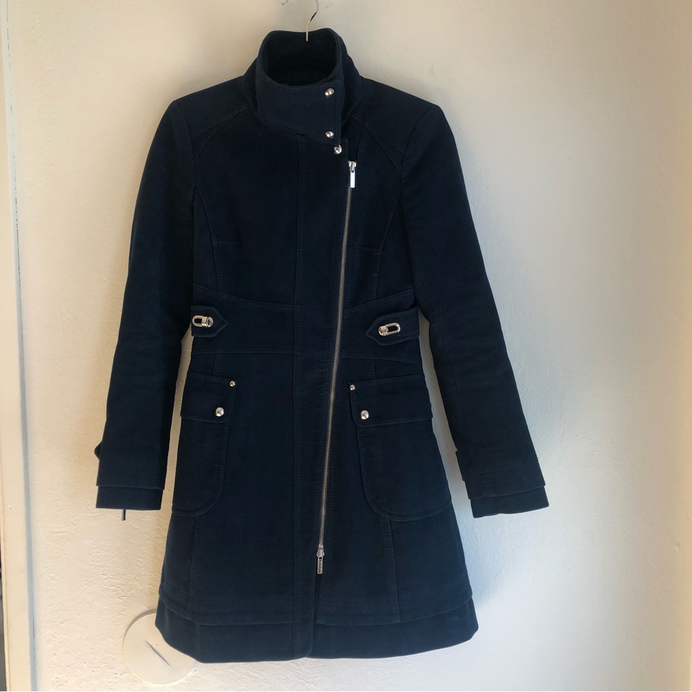 KAREN MILLEN Military Style  asymmetrical zip Designer Coat - Blue Size 4